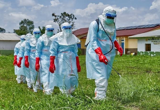 Workers in full protective suits, face shields, and red gloves walk single-file through a grassy field, with one carrying a backpack sprayer, near a building labeled "MATERNITE DE."