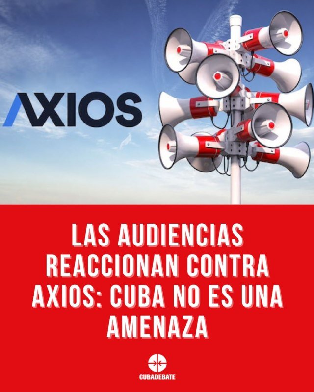 Graphic illustration showing multiple megaphones mounted on a pole against a blue sky, alongside the "AXIOS" logo and Spanish text reading "LAS AUDIENCIAS REACCIONAN CONTRA AXIOS: CUBA NO ES UNA AMENAZA" with a Cubadebate logo below.