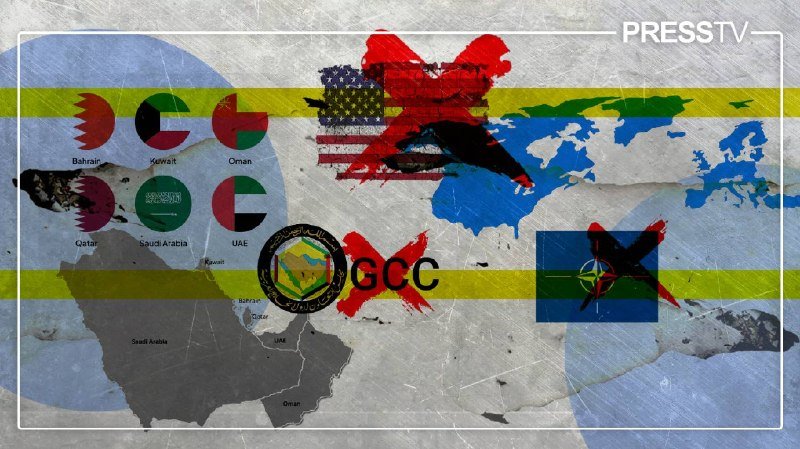 A Press TV graphic displays a map of the Persian Gulf region with flags of GCC member nations (Bahrain, Kuwait, Oman, Qatar, Saudi Arabia, UAE) overlaid with red X marks and a world map featuring crossed-out U.S. and Israeli flags.