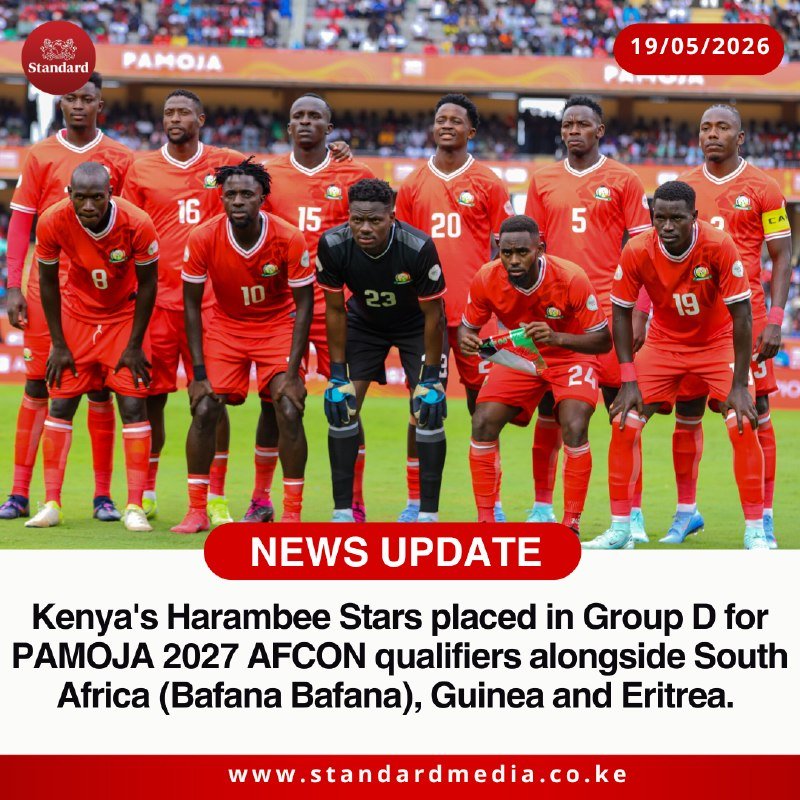 A graphic displays the Kenya national football team in red kits posing together on a pitch, with a "NEWS UPDATE" banner announcing their placement in Group D for PAMOJA 2027 AFCON qualifiers.