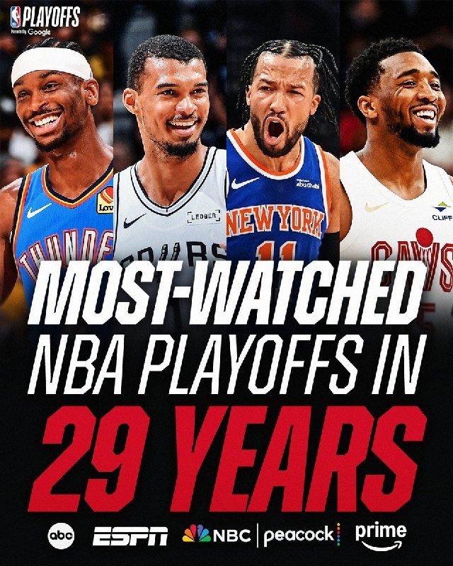 A promotional graphic shows four basketball players above text reading "MOST-WATCHED NBA PLAYOFFS IN 29 YEARS," with ABC, ESPN, NBC, Peacock, and Prime logos below.