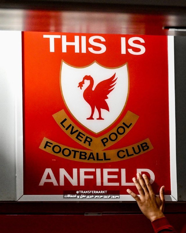 A hand presses against a framed red poster displaying the Liverpool Football Club crest with the text "THIS IS LIVERPOOL ANFIELD."