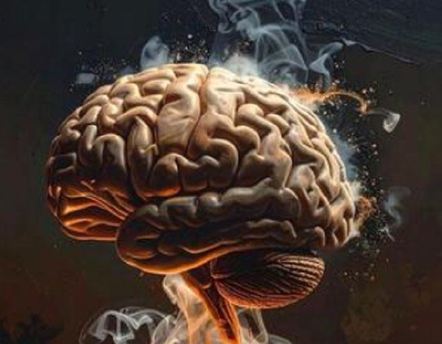 A digital illustration depicts a human brain emitting smoke and glowing particles against a dark background.
