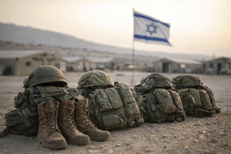 Military helmets, boots, and backpacks arranged in a row on rocky ground, with an Israeli flag flying and barracks visible in the background.