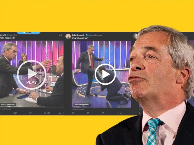 A man in a dark suit and teal tie stands beside two paused video clips labeled "What's happened?" showing a confrontation on a talk show set.