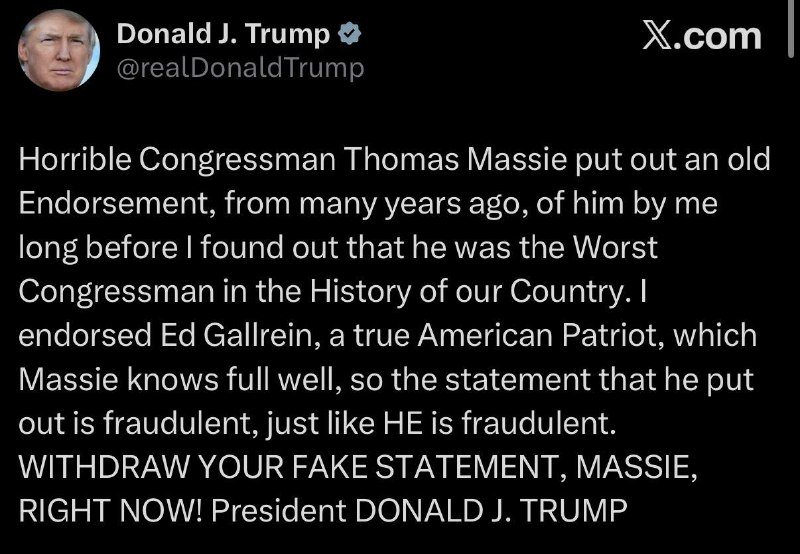 A social media post on X.com from the verified account "Donald J. Trump" (@realDonaldTrump) criticizes Congressman Thomas Massie over an old endorsement, calling for its withdrawal.