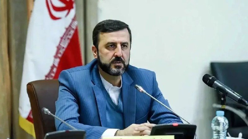 A bearded man in a blue suit sits at a desk with microphones, with an Iranian flag visible behind him.