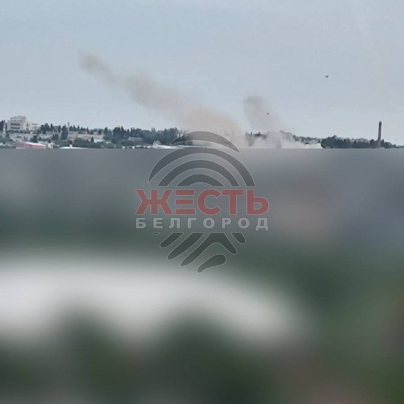 Plumes of gray smoke rise above a distant treeline and buildings, overlaid with a logo reading "ЖЕСТЬ БЕЛГОРОД" in red and white text.