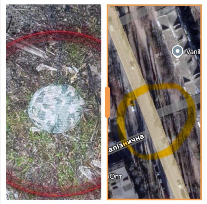 Two side-by-side aerial images show a circular area marked in red on grassy, debris-covered ground (left) and a yellow circle highlighting a linear feature near a location labeled "Vanil."