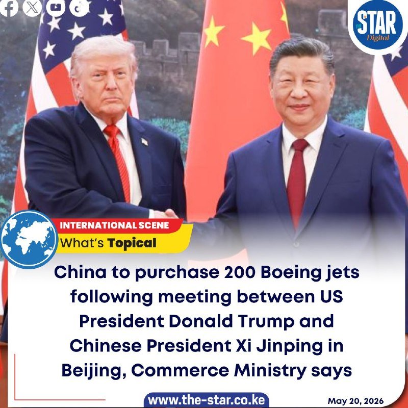 Two men in dark suits stand shaking hands before American and Chinese flags, with a "STAR Digital" graphic and a caption about a China-Boeing jet purchase deal.