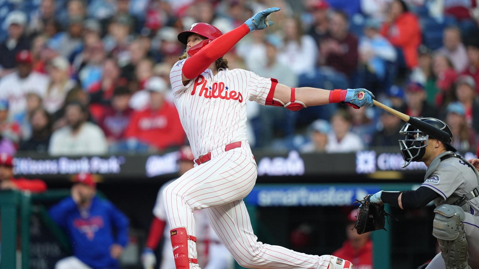 Philadelphia Phillies third baseman Alec Bohm, whose power surge has drawn the attention of SportsLine prop analysts ahead of Wednesday's matchup against the Washington Nationals.