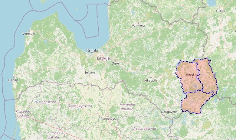 A map displays the Baltic region, with a purple-outlined area labeled "Rēzekne" highlighted in orange amid neighboring cities like Jēkabpils, Daugavpils, and Liepāja.