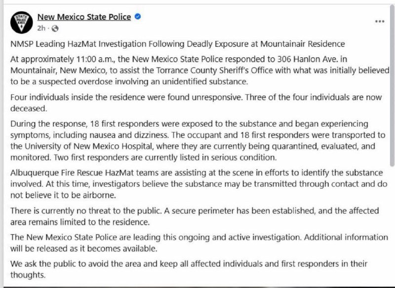 A screenshot shows a New Mexico State Police Facebook post about a HazMat investigation following a deadly exposure at a Mountainair residence.