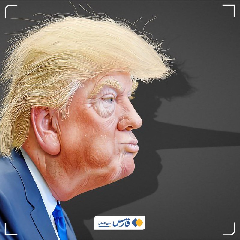 Digital caricature illustration showing a profile view of a man with exaggerated blonde hair and facial features, wearing a blue suit and tie against a gray background, with an Arabic logo in the corner.