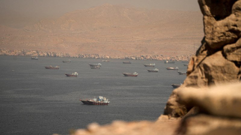 Approximately a dozen cargo ships float on dark blue waters against a backdrop of arid, rugged mountains, framed by rocky cliffs in the foreground.