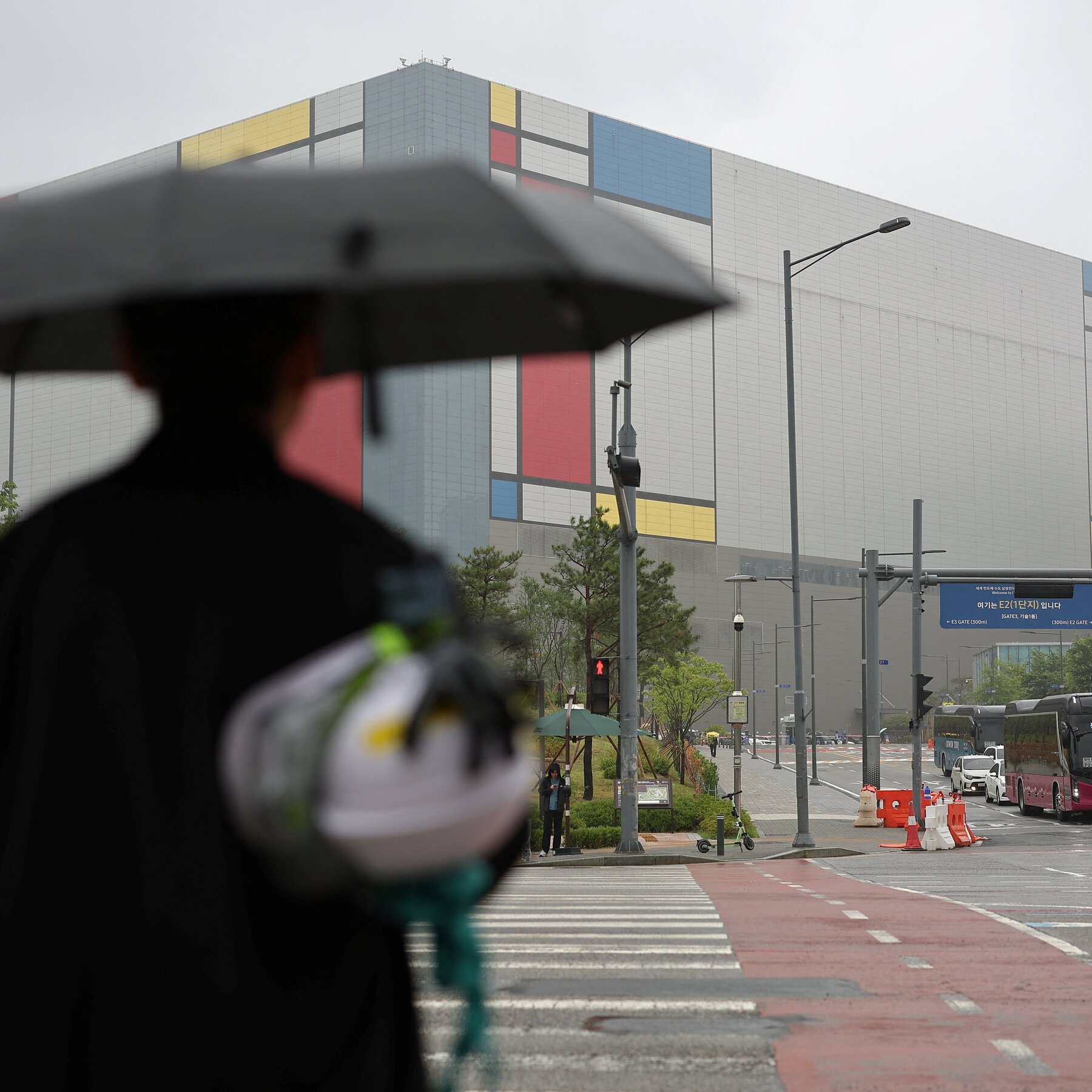 A person holding a black umbrella and purple flowers stands at a crosswalk on a rainy day, with a large building featuring colorful geometric panels visible in the background.