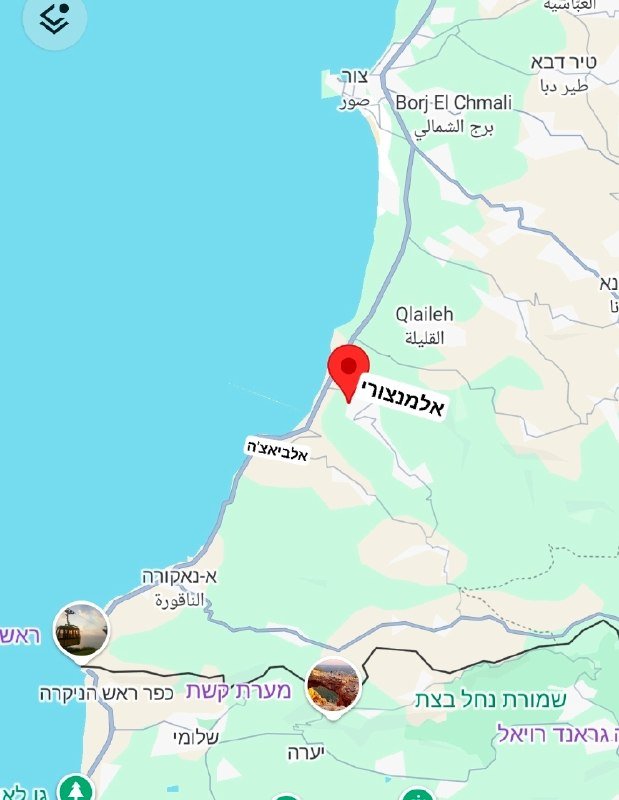 A digital map displays a coastal region with a red location pin marking "אלמגור" (Almagor) in Israel.