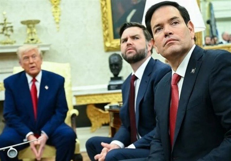 Three men in dark suits and red ties sit in an ornate room with gold-trimmed furnishings, looking upward.