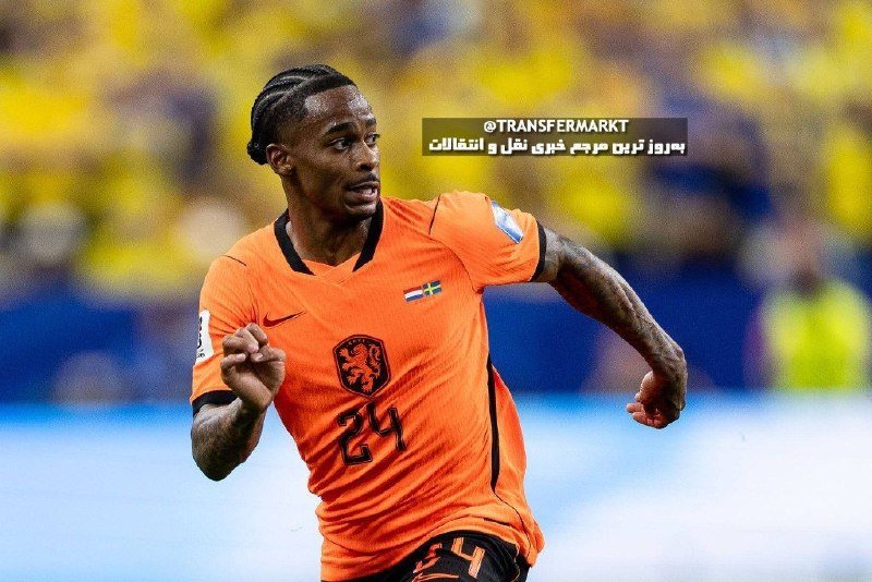 A soccer player in an orange Netherlands jersey with the number 24 runs on the field during a match, with blurred yellow-clad spectators in the background.