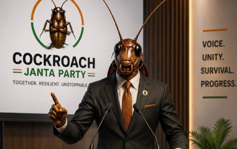 An illustrated humanoid cockroach in a business suit and tie speaks at a podium, with a "Cockroach Janta Party" logo and slogans "Voice. Unity. Survival. Progress." displayed behind.