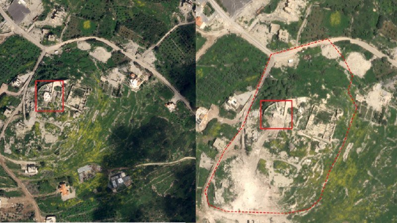 Side-by-side satellite imagery showing a vegetated area with buildings, with red rectangles and a dashed outline highlighting specific structures and a surrounding parcel of land.