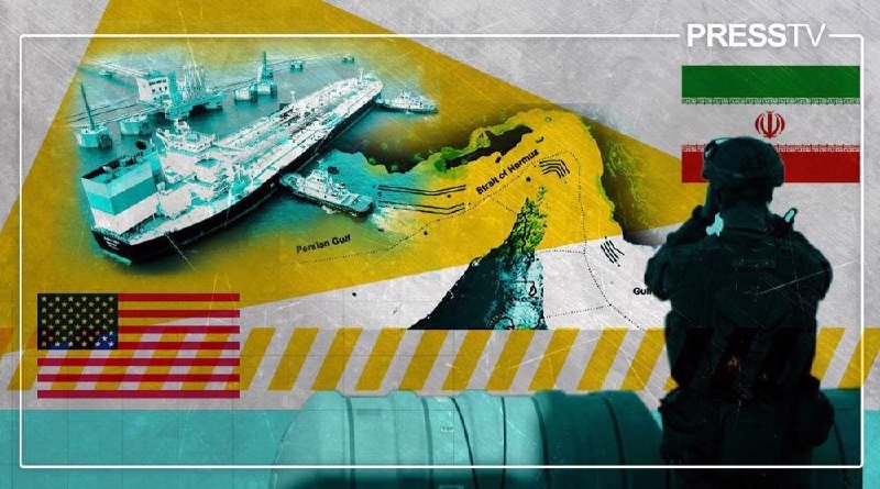 Graphic illustration by Press TV showing a silhouetted armed figure, the Strait of Hormuz map, oil tankers, an American flag, and an Iranian flag.