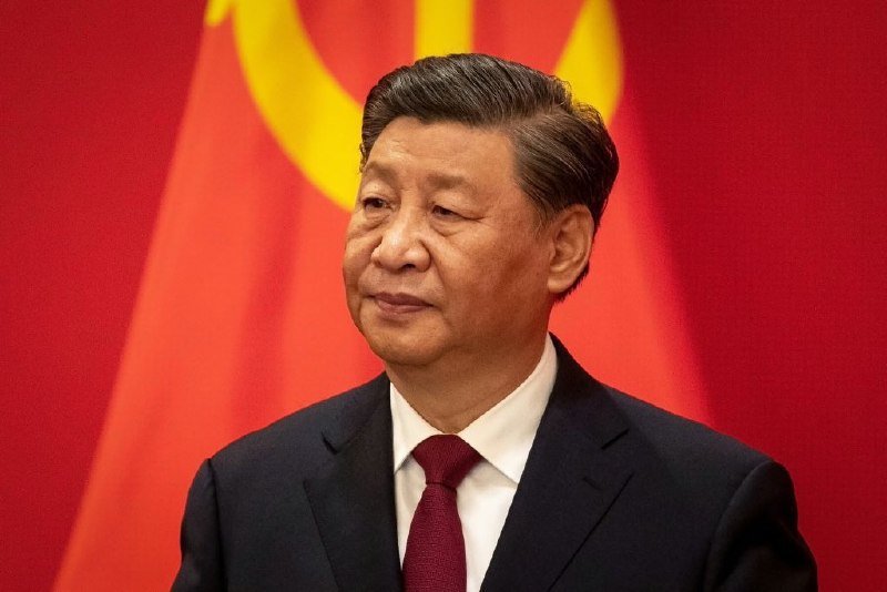 A man in a dark suit and red tie stands before a red flag bearing a yellow hammer and sickle emblem.