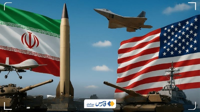 A digital illustration showing the Iranian and American flags flanking a missile, fighter jet, drone, tanks, and a naval warship against a blue sky.