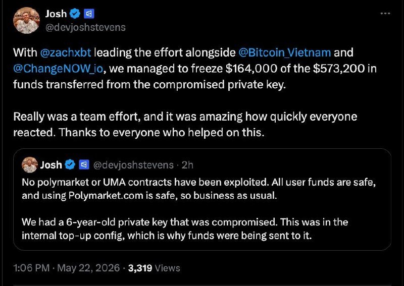 A screenshot of a social media post by user "Josh" (@devjoshstevens) announcing the freezing of $164,000 from a $573,200 compromised private key, with a quoted reply confirming user funds are safe.