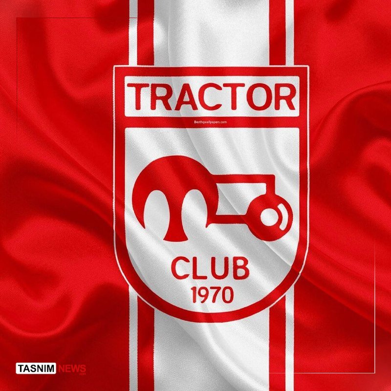 Graphic illustration of the red and white Tractor Club football club crest, featuring a stylized tractor design and the year "1970," displayed against a waving red and white striped background.
