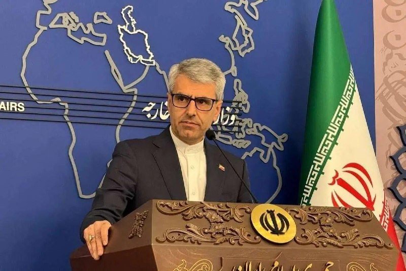 A gray-haired man in a dark suit and glasses stands at an ornately carved wooden podium, speaking before a world map backdrop and an Iranian flag.