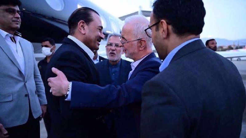 Several men in suits greet each other with handshakes and embraces on a tarmac in front of an aircraft, with one person wearing a face mask in the background.