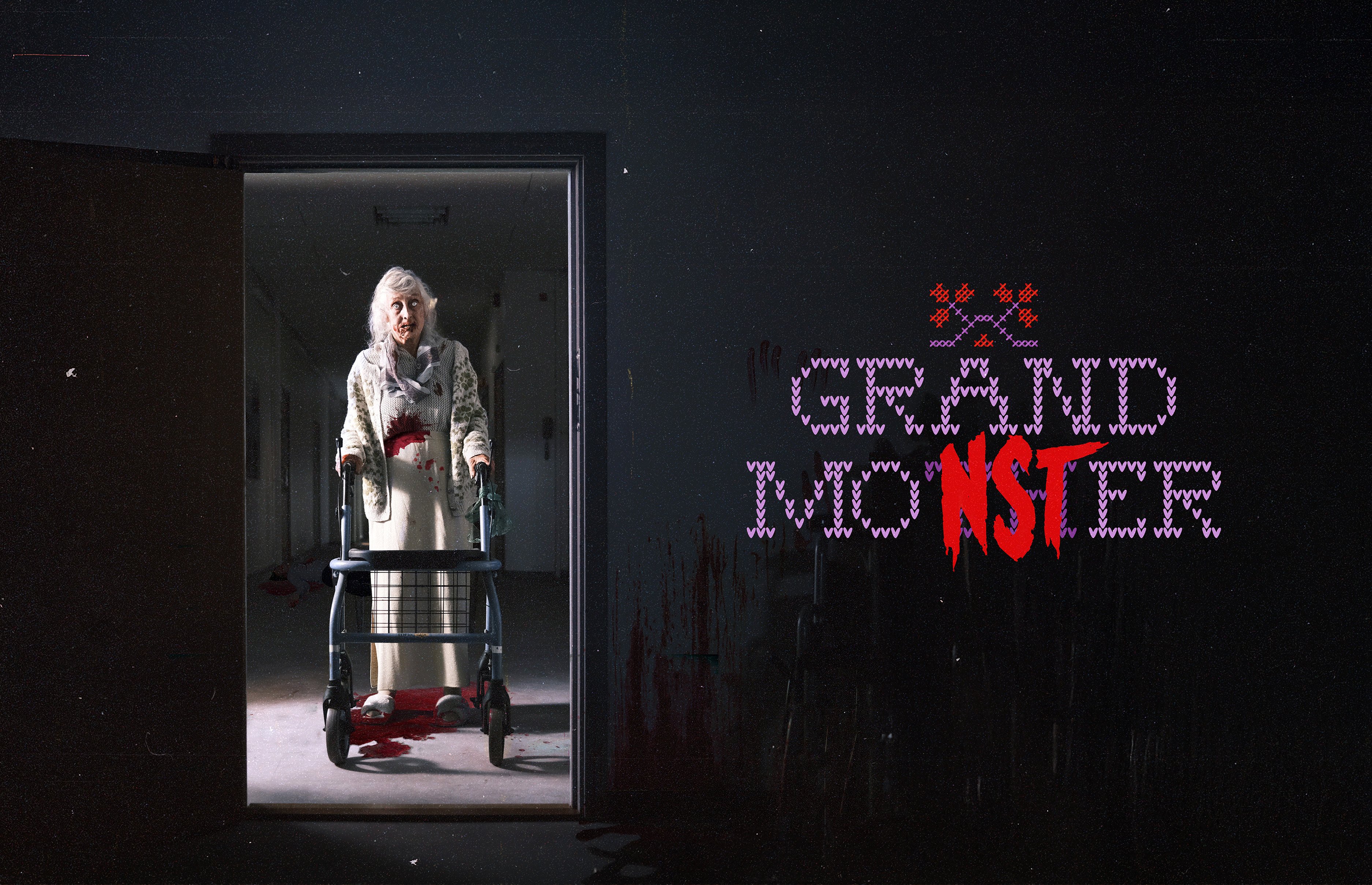 An elderly woman with a bloodstained dress stands using a walker in a dark hallway, alongside "Grand Guignol NST" graphic text.