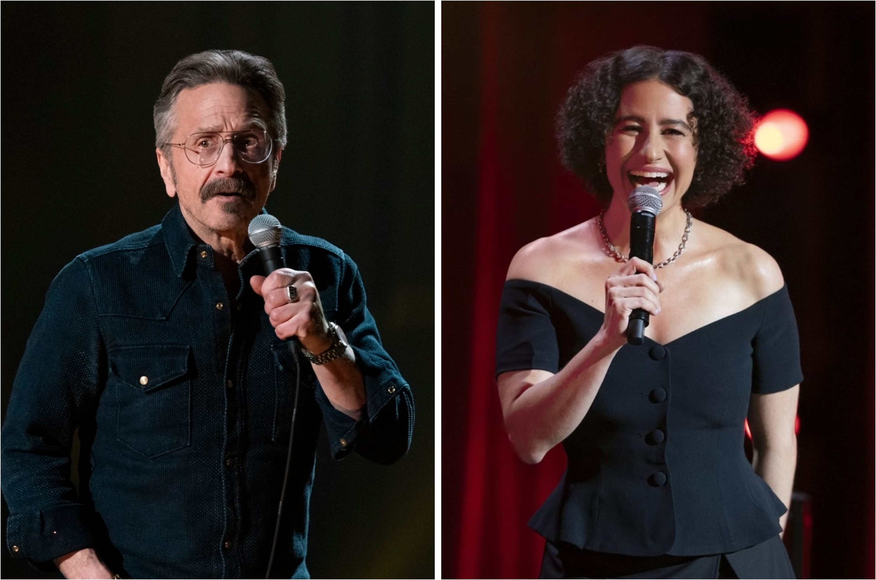 Split image showing a mustachioed man with glasses holding a microphone on the left and a curly-haired woman in a black off-shoulder top laughing into a microphone on the right.