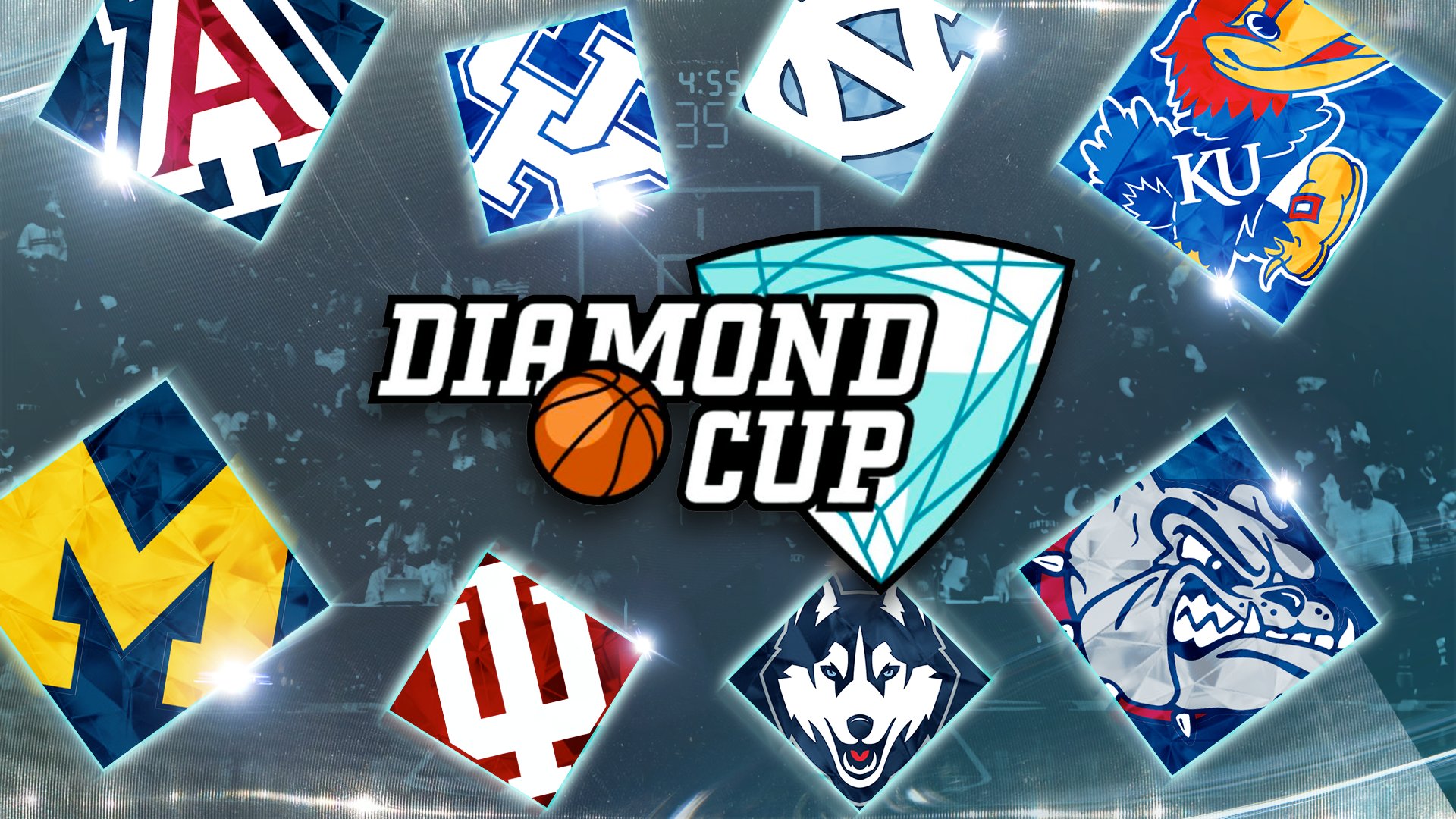 A digital graphic displays the "Diamond Cup" basketball tournament logo at center, surrounded by eight collegiate team logos arranged in a circular pattern against a dark arena background.