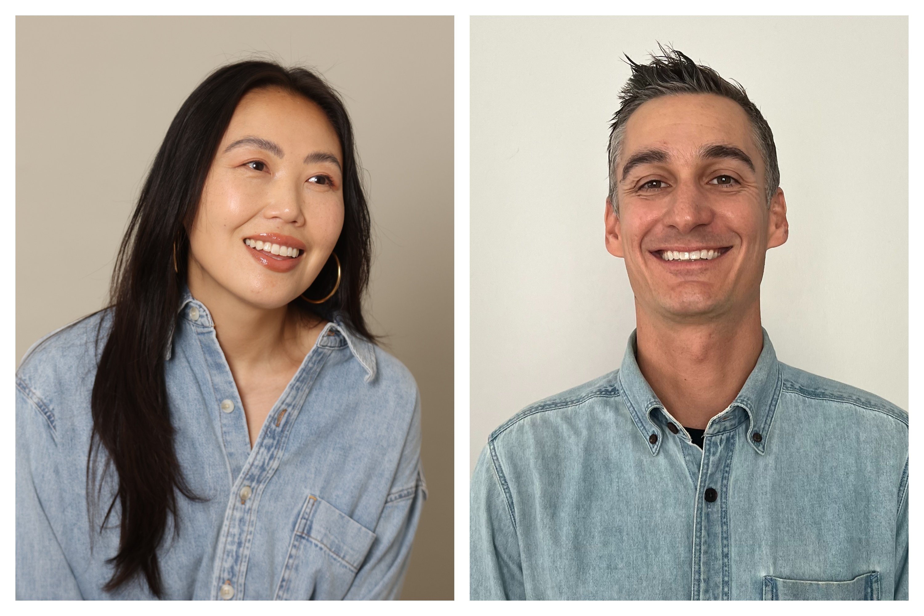 Side-by-side portraits show a smiling woman with long dark hair in a denim shirt on the left, and a smiling man with short graying hair in a denim shirt on the right.