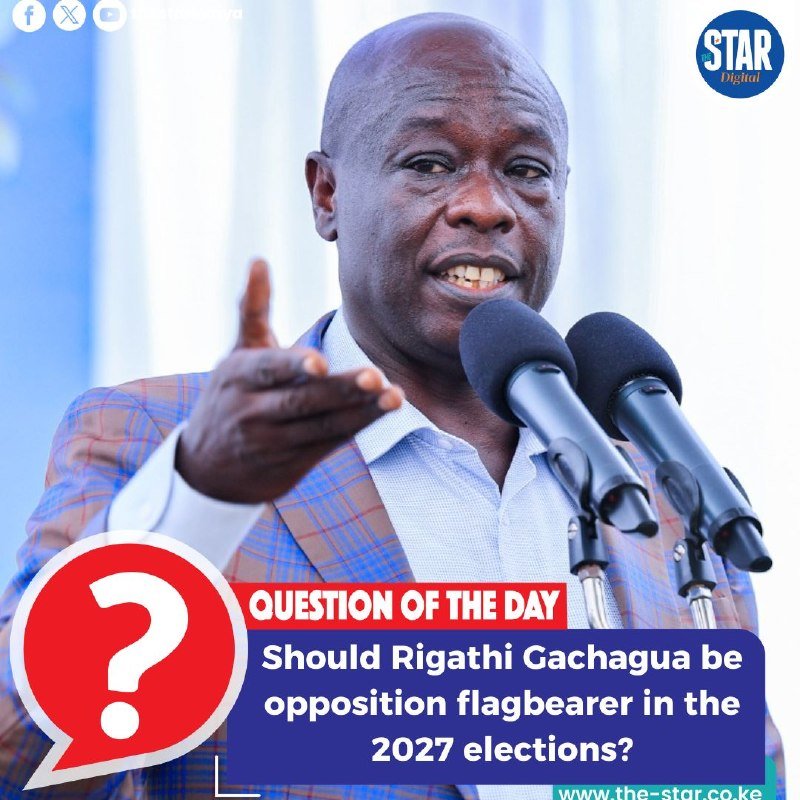 A man in a plaid blazer speaks into two microphones, gesturing with his hand, in a graphic captioned "Question of the Day: Should Rigathi Gachagua be opposition flagbearer in the 2027 elections?"