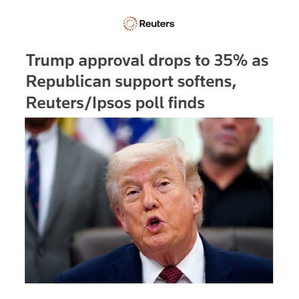 A Reuters headline reads "Trump approval drops to 35% as Republican support softens, Reuters/Ipsos poll finds" above a photo of a blonde-haired man in a dark suit speaking, flanked by other men.