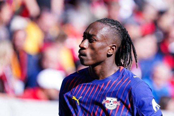 A football player with long dreadlocks, wearing a blue and red striped RB Leipzig jersey, looks to the side in front of a blurred crowd of spectators.