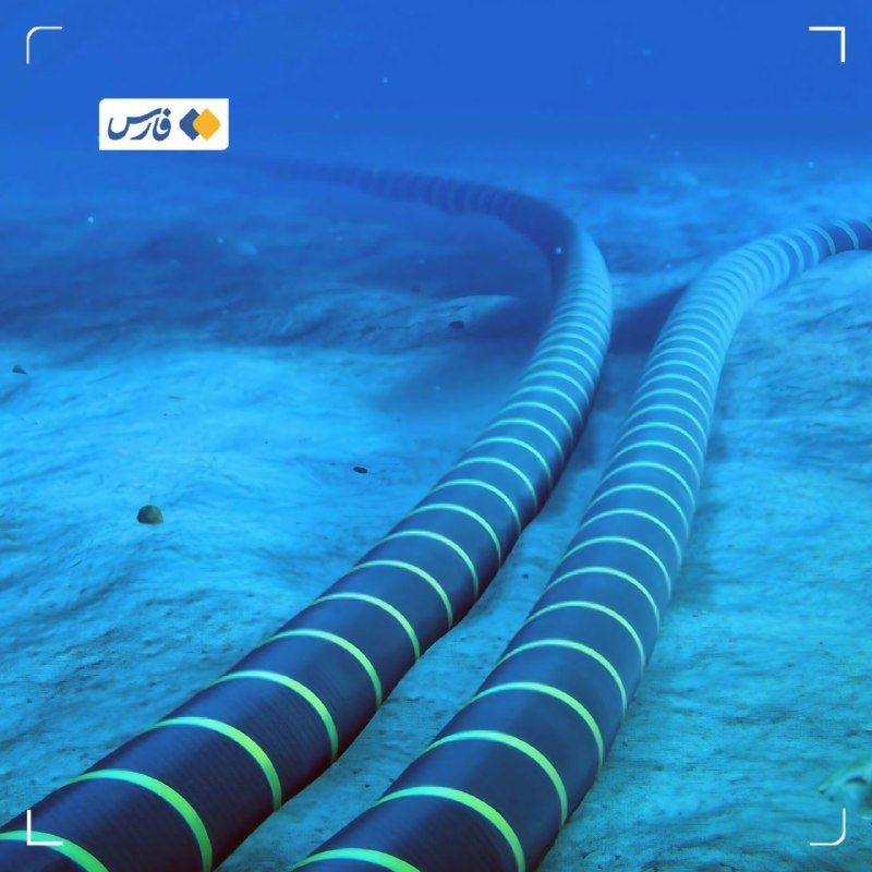 Two large underwater cables with glowing green stripes rest on a sandy seabed in deep blue water.
