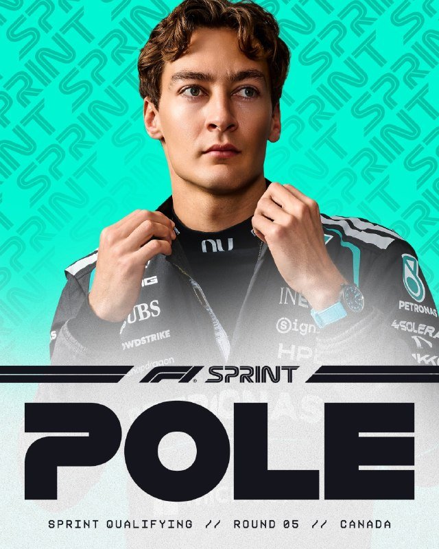 A young man in a black Mercedes racing suit adjusts his collar against a teal "SPRINT" background, with text reading "F1 SPRINT POLE — Sprint Qualifying // Round 05 // Canada."