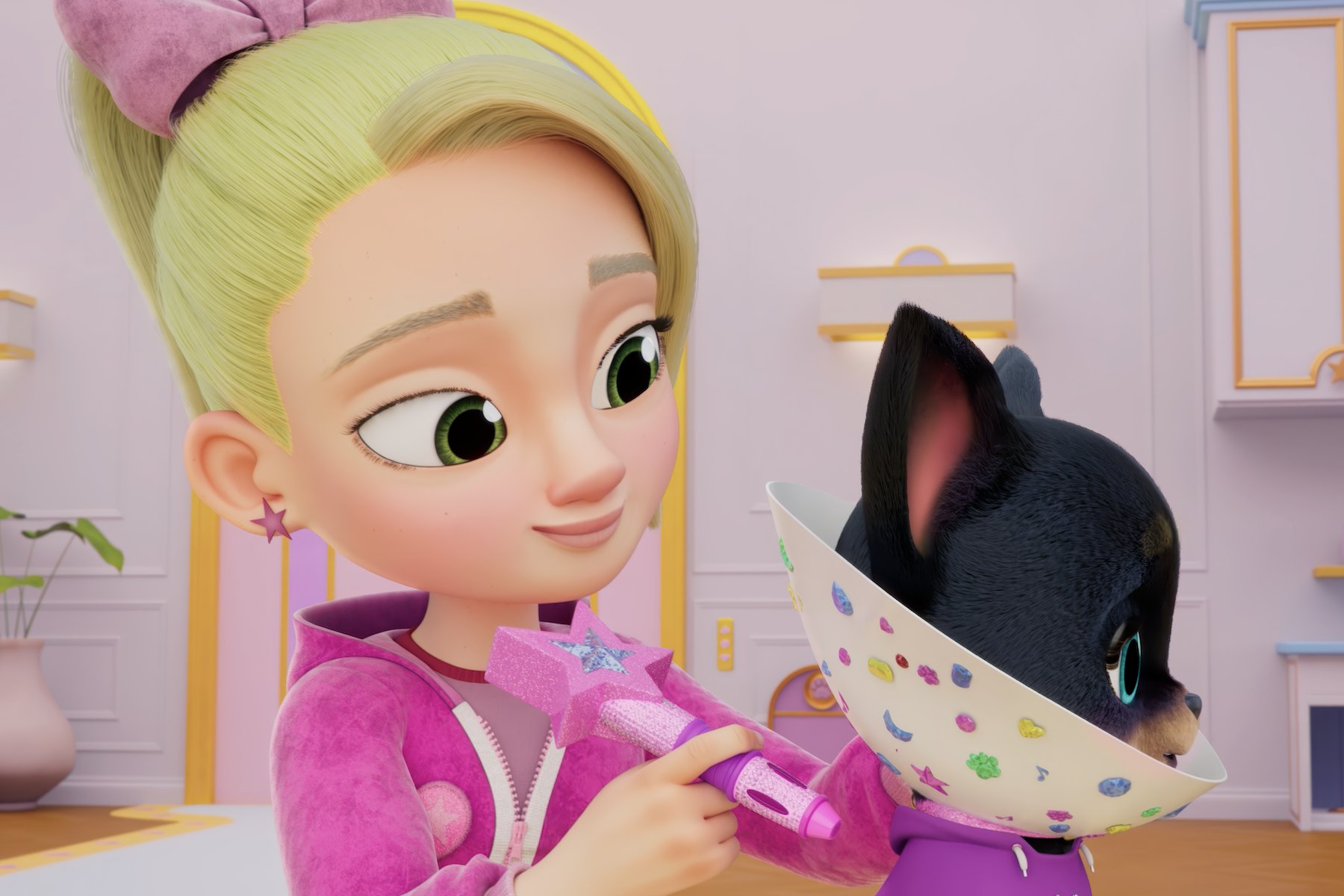 An animated illustration shows a blonde girl in a pink outfit holding a star wand, with a small black dog wearing a decorated cone collar beside her.