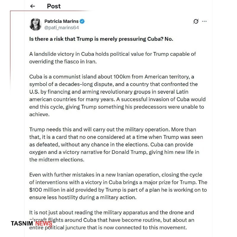 A screenshot shows a verified social media post by Patricia Marins (@pati_marins64) titled "Is there a risk that Trump is merely pressuring Cuba? No," discussing Cuban politics, with a "Tasnim News" watermark.