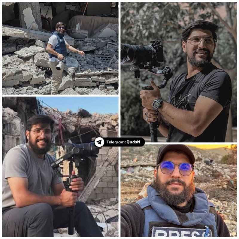 Photo collage showing a bearded man in four images—two posing with camera equipment amid rubble and a damaged building, and two individual portraits, including one wearing a "PRESS" vest.