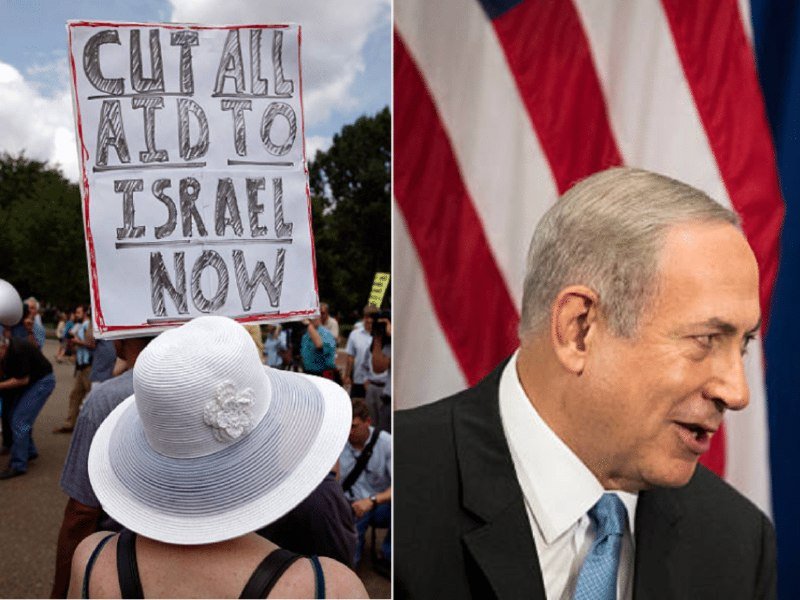 A split image shows protesters outdoors holding a "Cut All Aid to Israel Now" sign beside a man in a suit speaking in front of U.S. and Israeli flags.