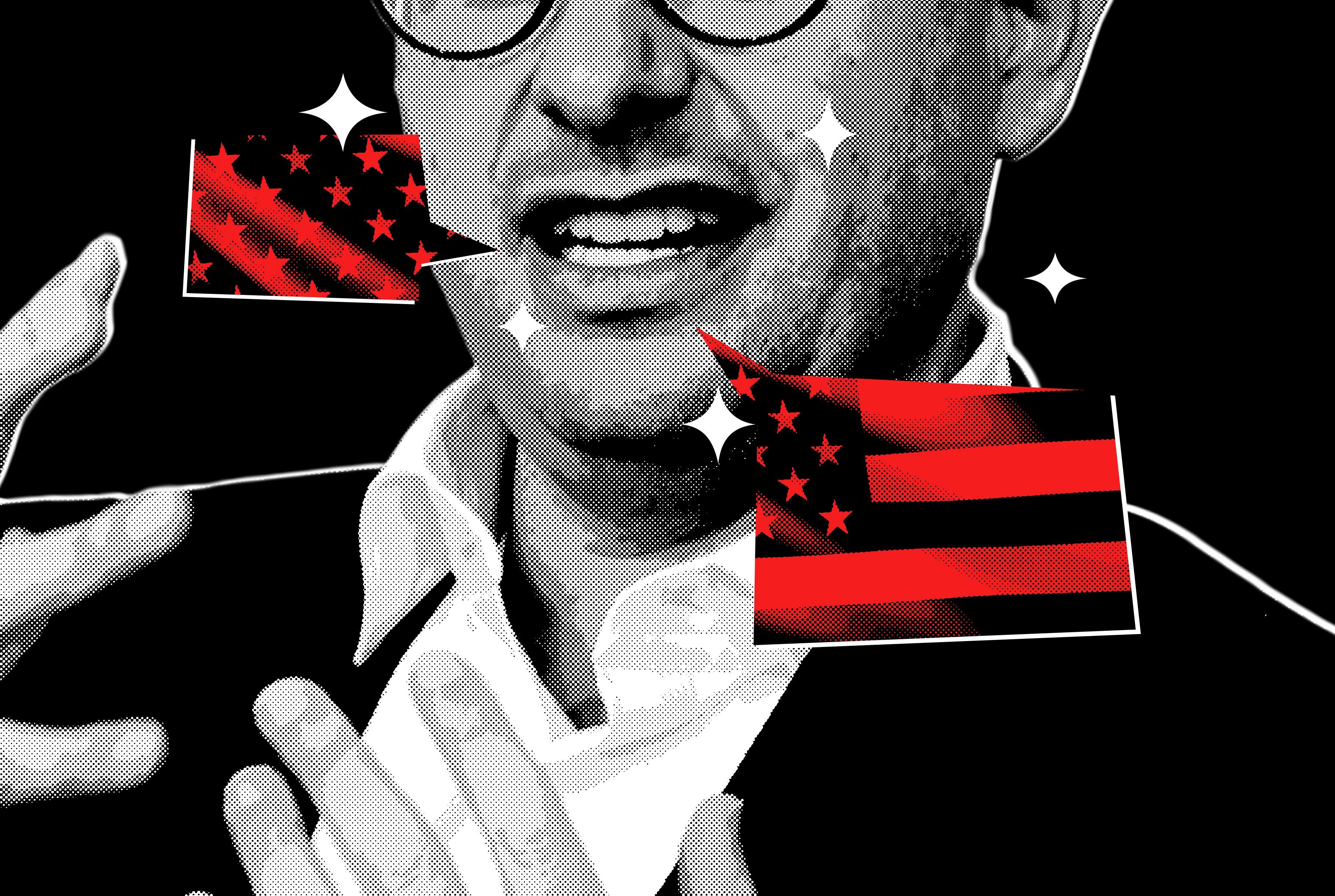 Black-and-white halftone illustration of a person in sunglasses giving a thumbs-up, with two red American flags and star sparkles overlaid.