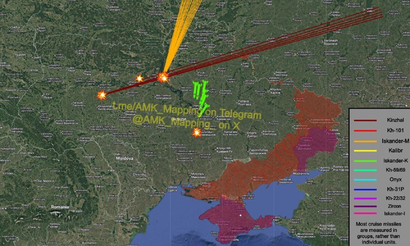 A digital map graphic displays colored trajectories representing various missile types—labeled Kinzhal, Kh-101, Iskander-M, Kalibr, and others—striking targets across Ukraine, with a legend identifying each weapon system.