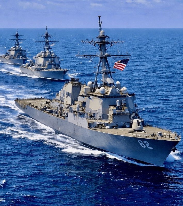 Three gray naval warships sail in formation across deep blue open ocean, with the lead vessel displaying hull number "62" and an American flag flying from its mast.