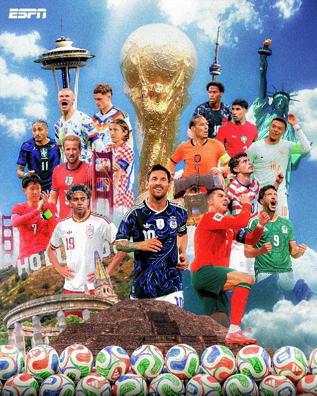 An ESPN graphic collage features the World Cup trophy, Statue of Liberty, Space Needle, and soccer players in various national team jerseys against a cloudy sky.