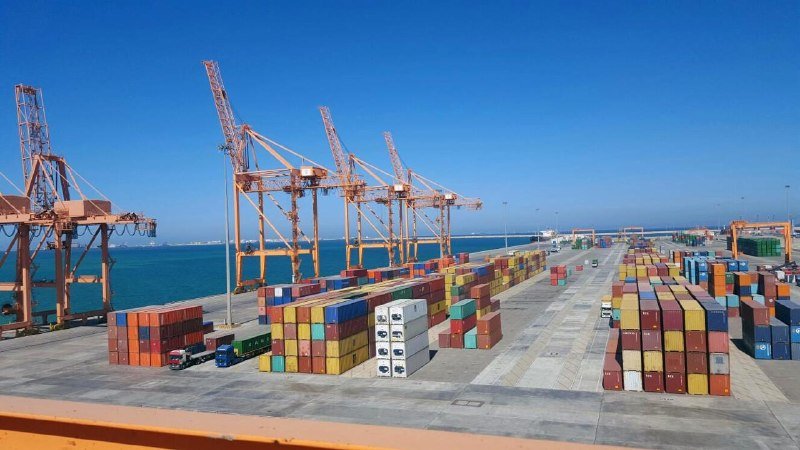 Large orange gantry cranes stand over stacks of multicolored shipping containers arranged in rows along a coastal port terminal under a clear blue sky.